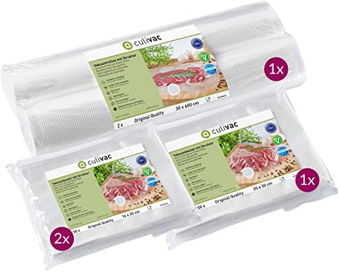 culivac Vakuumierfolien Set 100 Vakuumbeutel 16x25cm, 50 Vakuumierbeutel 20x30cm, 2 Vakuumrollen 30x600cm, Original, Made in Germany, für Vakuumierer Vakuumiergerät, Sous Vide