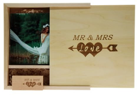 LXSINO 64GB Wood USB 3.0 Flash Drive with Laser Engraved Mr & Mrs Design – 64GB USB Stick with Box for Wedding Photography/Anniversary (Maple, fits 4x6 Photo)