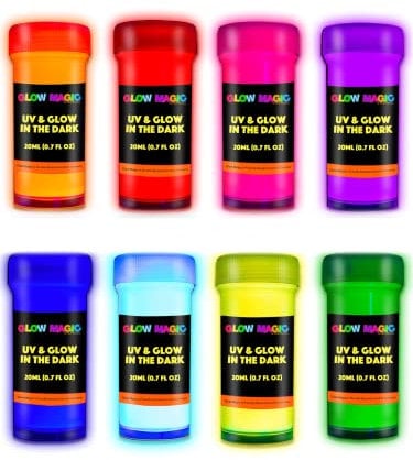 individuall Pintura que brilla en la oscuridad, juego de 8 pinturas acrílicas reflectantes de 20 ml para uso en exteriores e interiores en lienzo, paredes y pintura de adornos, fosforescente,