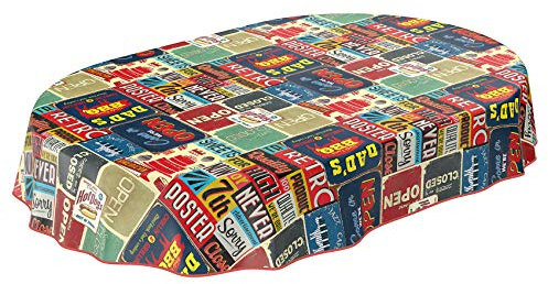 Wachstuchtischdecke abwaschbar Garten Tischdecke Wachstuch Rund Oval Eckig Indoor Outdoor Retro Cafe USA Amerika Style Oval 220x140cm mit Saum - Eingefasst