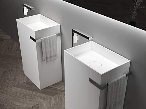 BERNSTEIN - Vasque Lavabo Colonne au sol fonte minérale Blanc mat à poser 50x35x85cm + Porte-serviette acier inox - Design, Robuste & Durable - TWZ312
