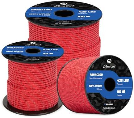 Abma Cord Paracord 3mm 50m 100% Nylon Rope Type II 3 Strands Parachute Cord - Max. 192kg (425lbs) - Reflective Red