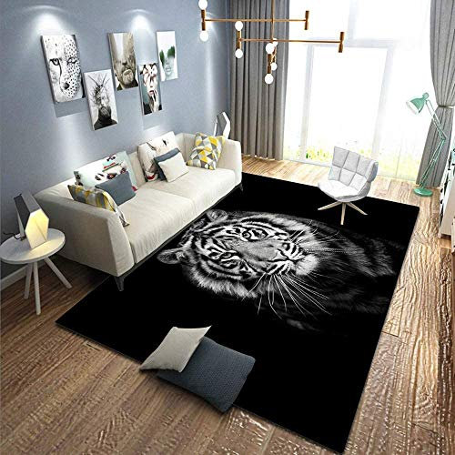 BILIVAN 3D-bedruckte Bodenmatte, Nachttischvorleger, schwarz-weiße Tiger-Tapeten, Bodenteppich, Polyester-Fußmatten, Wohnzimmerteppich, rutschfeste Teppichmatte (100 x 160 cm)
