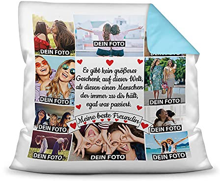 PR Print Royal Kissen mit Füllung - Fotocollage - Meine Beste Freundin - mit zehn Fotos selbst gestalten - Geschenkidee für Freundinnen - Farbkissen Rückseite Hellblau, 40x40 cm