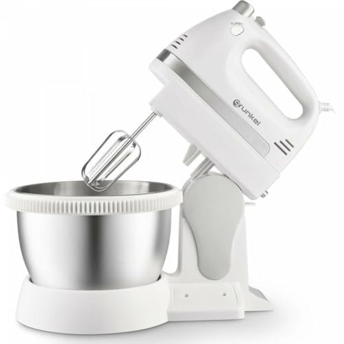 Grunkel - Batidora de Varillas Amasadora para repostería 5 velocidades - AM-350TURB05BOWL - Incluye Bowl y dos varillas diferentes para mezclar y Amasar, Para Panadería y Repostería - Blanco (350W)