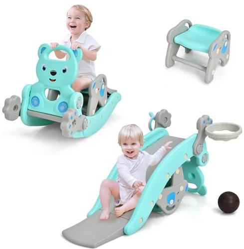 COSTWAY 4 en 1 Toboggan Enfants avec Glisse 104cm & Motif d'ours, Cheval à Bascule en HDPE avec Panier de Basketball & Jeux de Lancer d'Anneau, Charge Max 50KG pour Enfants de 3 Ans+