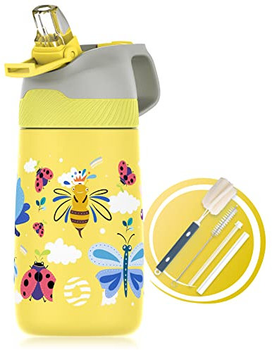 FJbottle Kids Water Bottle with Straw 350ml, Double Wall Vacuum Stainless Steel Bottle Leak Proof Keeps Hot and Cold Drinks, Insulated Metal Water Bottle BPA Free for School, Sports