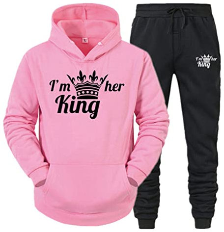 Minetom King Queen Imprimé Survêtement Couple Ensemble de Sport Jogging Femme Homme Hoodie Top Sweat à Capuche et Pantalon 2 Pièces Set Rose King XXL