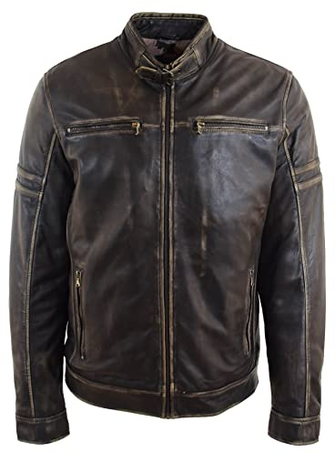 Mens Real Leather Zip up Biker Style Jacket Vintage Rub Off Effect Gents Boys RICKY