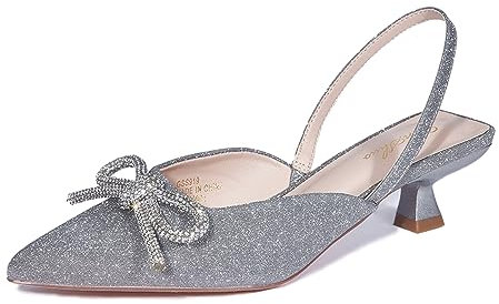 DELONIX REGIA Escarpins à talons chatons, élégantes, 5 cm, pour mariage, bal de fin d'année, avec bride arrière et nœud en strass, bleu/gris/noir/argenté/rose, taille 36-42 EU, Gris pailleté, 36 EU
