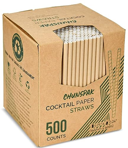 [500 Counts] Chunspak 5.75 inch Disposable Brown Kraft Short Paper Cocktail Straws & Stirring Straws - for Home, Bars and Restaurants