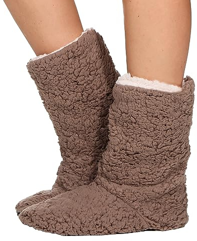simaranda Damen Hausschuhe Hüttensocken Stiefel mit ABS rutschfeste Stiefelette Bootie mit Teddyfell warm 72
