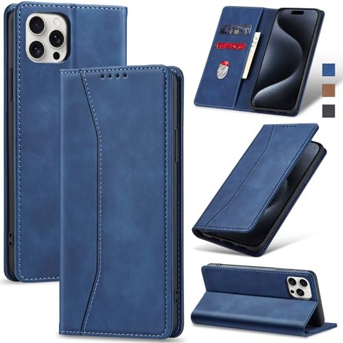Jasonyu Funda para iPhone 15 Pro, Cuero PU Carcasa, Tipo Libro Flip Case con Tarjetas y Cartera, Soporte Plegable, Cierre magnético, Capa (Azul)