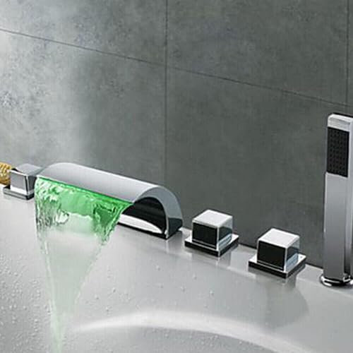 Acesunny 5 Loch Bad Wasserfall Armatur Wannenarmatur Badewannenarmatur Sink Faucets LED Badarmatur Handbrause Wannenrandarmatur Badewannen Armatur Wannenrand