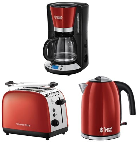 Russell Hobbs Frühstücksset Colours+ Rot: Kaffeemaschine [Digitaler Timer, Brausekopf für optimale Extraktion&Aroma] 24031-56 + Wasserkocher [1,7l, 2400W] 20412-70 + Toaster [für 2 Scheiben] 26554-56