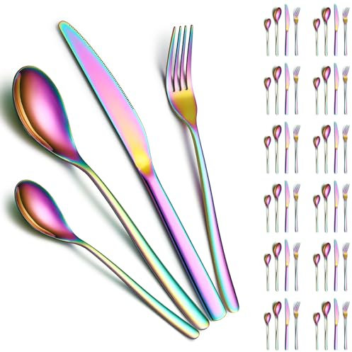 ReaNea Juego de Cubiertos 48 Piezas Servicio para 12 con Revestimiento de Titanio Arco Iris Incluye Cuchillos, Cucharas, Tenedores, Cucharas de Té