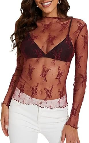 VDDTAGAM White Mesh Top Sexy Long Sleeve Tops for Woman Floral Mesh Top Black Lace Top for Women Crop Tops for Women Sheer Turtleneck Top Sheer Bodysuit Sheer Sleeve Tops for Women Mes (Coffee,XL)
