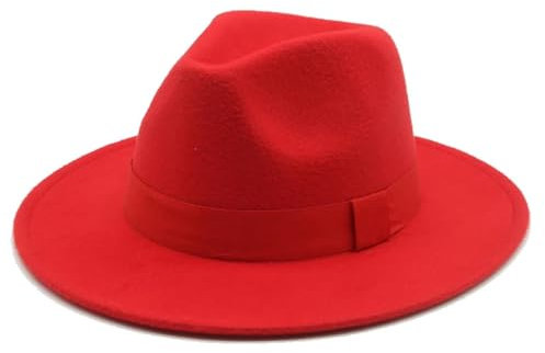 SOYNIA Fedora Trilby Filzhut Hut Fedora-Hut Für Damen Bandband Herrenhut Breite Krempe Klassische Hochzeit Kirche Bowler-Kappe 60–62 cm (XL) Rot