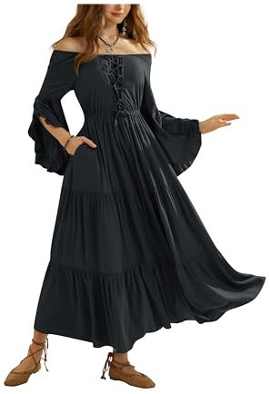 SCARLET DARKNESS Damen Maxi Kleider Off Shoulder Langarm Rüschensaum Festlicher Kleider Schwarz M