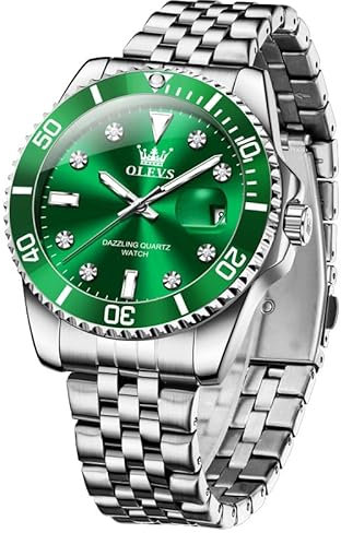 OLEVS Herrenuhr aus Silber Klassisches Luxus Diamant Watch for Men Grün Großes Gesicht Edelstahl Analoger Quarz Uhren Herren Stylish Wasserdicht Leuchtend Vergrößern Datum Herren Kleid Uhr