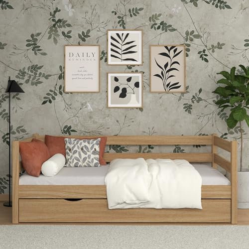 N-wood N01 Tagesbett mit schublade 90x190 cm, Sofabett, Bettgestel mit lattenrost, Seniorbett, Multifunktional Einzelbett für Kinder, Jugendliche und Erwachsene, Hochwertige Materialien, Natureiche