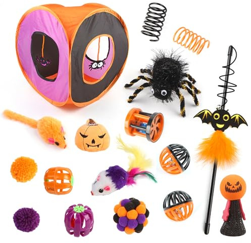 ACNCN 22 Pcs Cat Toys, Kitten Toys Interactive Cat Toys for Indoor Cats, Cat Tunnel Toys Set for Indoor Cats (Halloween 17 PCS)