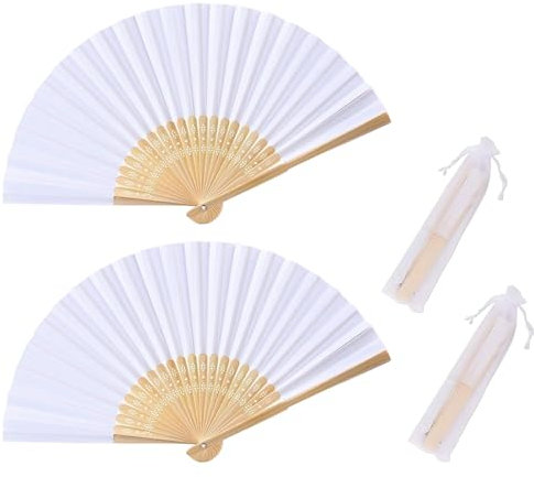 AYNKH White Hand Folding Fan with White organza bag,Chinese Vintage Handheld Girls Women Wedding Party Favour Gift for Women Girls Summer Party Event Favour Birthday Wedding Souvenir Gift