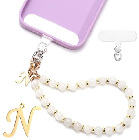 lasuroa 1 Set Handyband mit Perlen, Initialen Handyanhänger Band Abnehmbar Handykette mit Handyband Patch Freihändig Handyarmbandkette für Frauen Mädchen Geschenk (Buchstabe N)