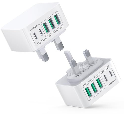 2Pack 50W USB C Plug, 5-Port Fast USB C Charger Plug Adaptor UK, PD+QC Power Adapter Charging Box Brick, Type C Charging Plug Hub for iPhone 15 14 13 12 11 Pro Max XS XR SE, Samsung, iPad, AirPods