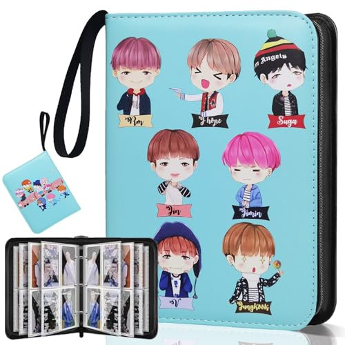NOVETUTOTA Korean Pop Alben, BT21 Photocard Binder Album, Bangtan Boys Trading PhotoCard Holder Book with 400 Cards Sleeves - Cartoon Photo Protect Album Christmas Gifts for Children (Tiffany Blue)
