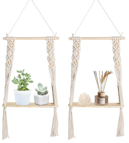 Ysislybin Estanteria Pared, Estantes Flotantes Estantes Colgantes Macramé Estantería Pared Madera Boho Decor, Baldas Madera con Cuerdas Colgante Bohemia para Plantas Decoración Organización, 2 Pieza