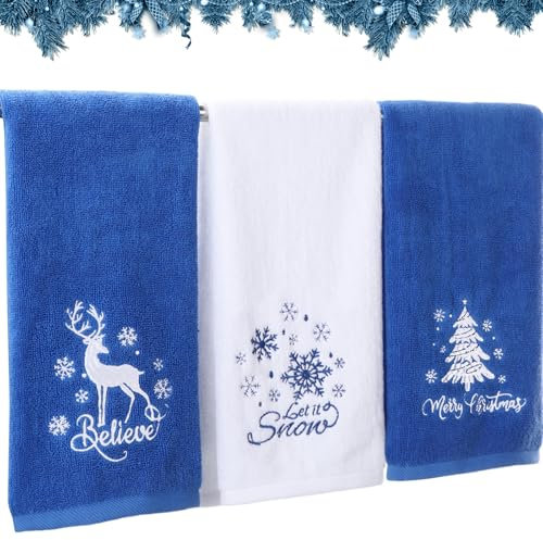 Tiamon Weihnachtshandtücher für Badezimmer, Baumwolle, bestickt, 34 x 74 cm, Weihnachts-Schneeflocke, Geschirrtuch, Fingerspitzen-Handtuch, dekorativ für Winter, Urlaub, Küche, Bad, Geschenk (Blau,