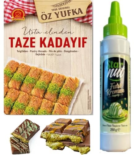 Ozyufka Kadaifi Dubai Schokolade - KIT zum Selbermachen - Dubai Schokoladen mit Pistazien Creme Tube 250 Gramm, Dubai Cikolata Kadaif, Baklava, Kadayif Teigfäden 500 Gramm
