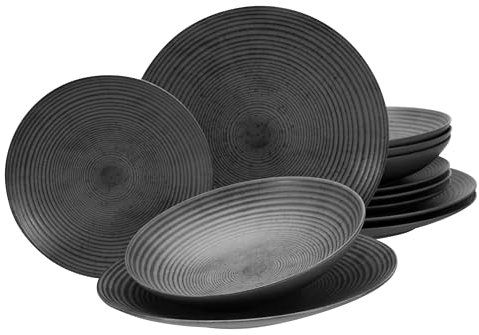 CreaTable, 24345, Serie Catania Anthrazit, 12-teiliges Geschirrset für 4 Personen, Teller Set aus Steinzeug, spülmaschinen- und mikrowellengeeignet, Made in Portugal