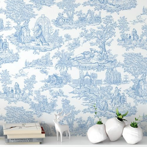 Peel and Stick Wallpaper for Home Decoration Kitchen Vintage Blue Manor Wallpaper Removable Vinyl Self Adhesive Shelf Paper & Drawer Liner Roll House, Workshop & Office 17.3 x 118 L5248-3