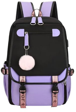SellerFun Teenage girls' Backpack Middle School Students Bookbag Outdoor Daypack With USB charge Port (4# Purple, 21 Liters)