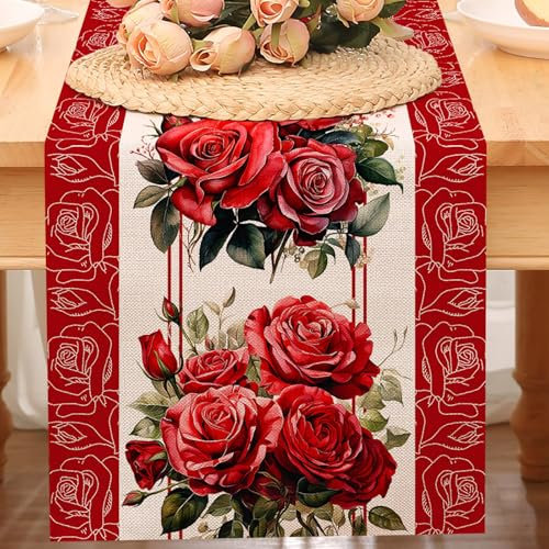 Kqpoinw Frühlingsrosen Tischläufer, Leinen Tischdeko Tischläufer Modern,30*180cm Rose Table Runner Red,Tischläufer Modernes Wohnzimmer, Geeignet für die Partydekoration von Esstischen zu Hause (Rot)