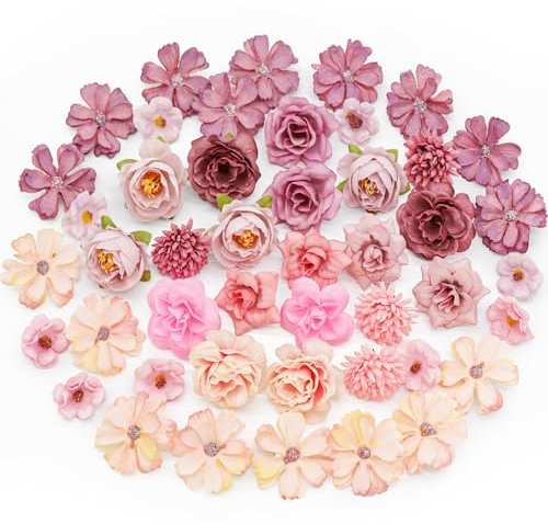 MOTONG 50 Stück Kunstblumen zum Basteln Rosa Künstlich Blütenköpfe, Lila Künstliche Blumen Seidenblumen for Home Decor Brautstrauß Blumen Deko Kunstblumen Hochzeitsdeko Tisch Party Valentinstag