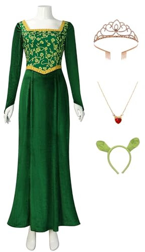 Bauxhie Damen Princess Fiona Kostüm Erwachsene Fiona Grünes Kleid Krone Halskette Kopfbedeckung Anzug für Halloween (Grün, S)