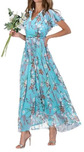 Robe Longue D'été pour Femme Plage Décontractée Volants Col Manches Courtes Mousseline Soie Florale Trapèze Fête Robes Fleurie/Imprimé Col V Printemps Chic Légère