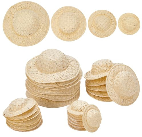AHANDMAKER 40Pcs 4 Styles Miniature Hats, Small Imitation Straw Knitting Hats Craft Doll Hats Ornaments for DIY Craft Decoration Accessories(1 to 2.5 inch)