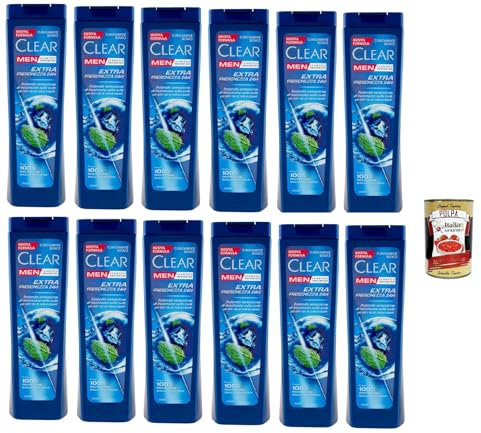 Clear Extra Freschezza 24H Men Shampoo für alle Haar- und Kopfhauttypen - Extra Frische Shampoo, Top -Produkt, 12x 225ml + Italian Gourmet polpa 400g