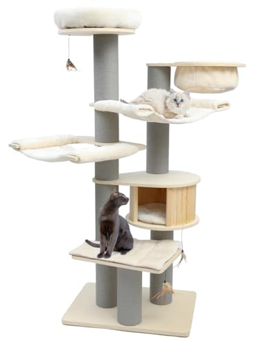 CanadianCat Company | Kratzbaum Avery XXL, beige-anthrazit, 186cm, Massivholz Katzenbaum mit Katzenhaus & Hängematten für große Katzen, stabil & Kratzfest, 75 x 56 x 186 cm