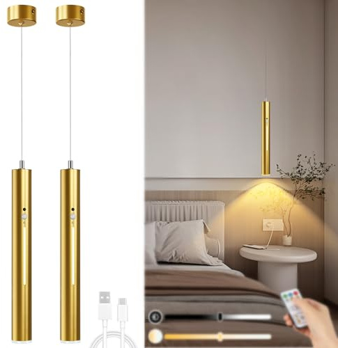 Lightess Battery Operated Pendant Light Set of 2, Wireless Chandelier with Remote, 3 Color Dimmable, 6000mAh Hanging Battery Operated Light for Kitchen Island Dinning Room Bedroom, Gold
