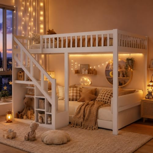 LKPOMI Letto a castello 90 x 200 cm, letto a soppalco con Scala di Sicurezza e Armadietto, con rete a doghe e struttura alta recinzione, Letto per Bambini in legno di pino per Ragazzi e Ragazze
