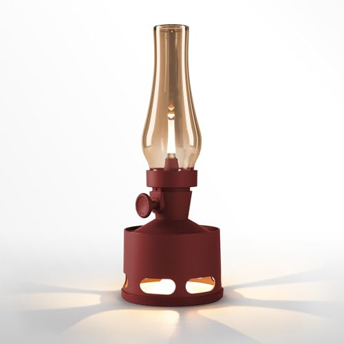 Tubicen Cordless Rechargeable Table Lamp, Vintage Battery Operated Oil Lamp Lantern, Smart Blow/Tilt Off, 10-Level Rotary Touch Dimmable Flameless Kerosene Desk Night Light for Home Bedroom Decor Red