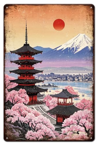 GLOBLELAND Vintage Japanese Landscape Metal Tin Sign 12x8inch Sunset Snow Mountains Tin Signage Decor Signs Cherry Blossoms Wall Metal Plaque for Home Living Room Farmhouse Cafes Hallway Decoration