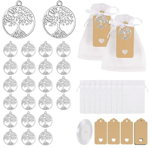 PYEUIFT Set 24 Ciondoli Albero della Vita con 24 Sacchetti Organza, 24 Etichette Kraft e 1 Nastro – Bomboniere Battesimo Matrimonio Comunione Baby Shower Regali Ricordo