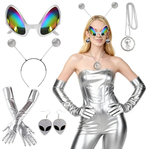 GTJEOI Alien Kostüm Damen Set, 5 Stück Space Girl Kostüm, Alien Outfit Damen mit Alien Haarreif Brille Ohrringe Handschuhe für Cosplay Maskerade Karneval