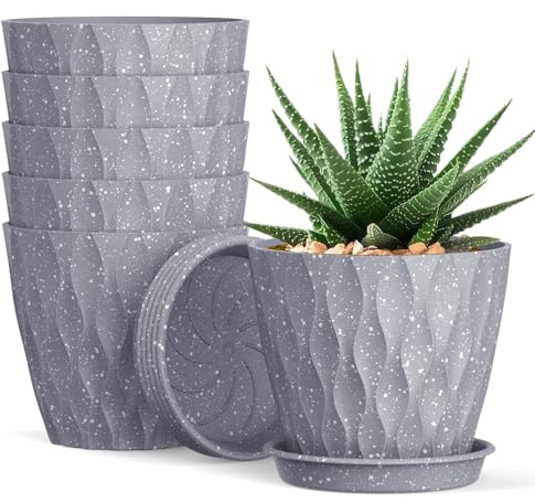 Homeuouz 6er Set Blumentöpfe 10cm – Waffelmuster mit Untersetzer, Plastik mit Löchern, für Sukkulenten, Innen & Outdoor, für Balkon & Garten, Graue Sprenkel